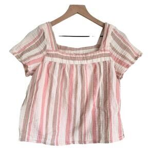 Beach Lunch Lounge Square Neck Short Sleeve Blouse Pink, Brown, Cream Small